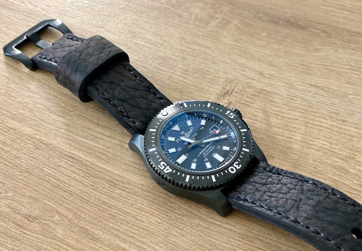 Breitling SuperOcean on Shaman leather with black stitching. © Marin Škufca