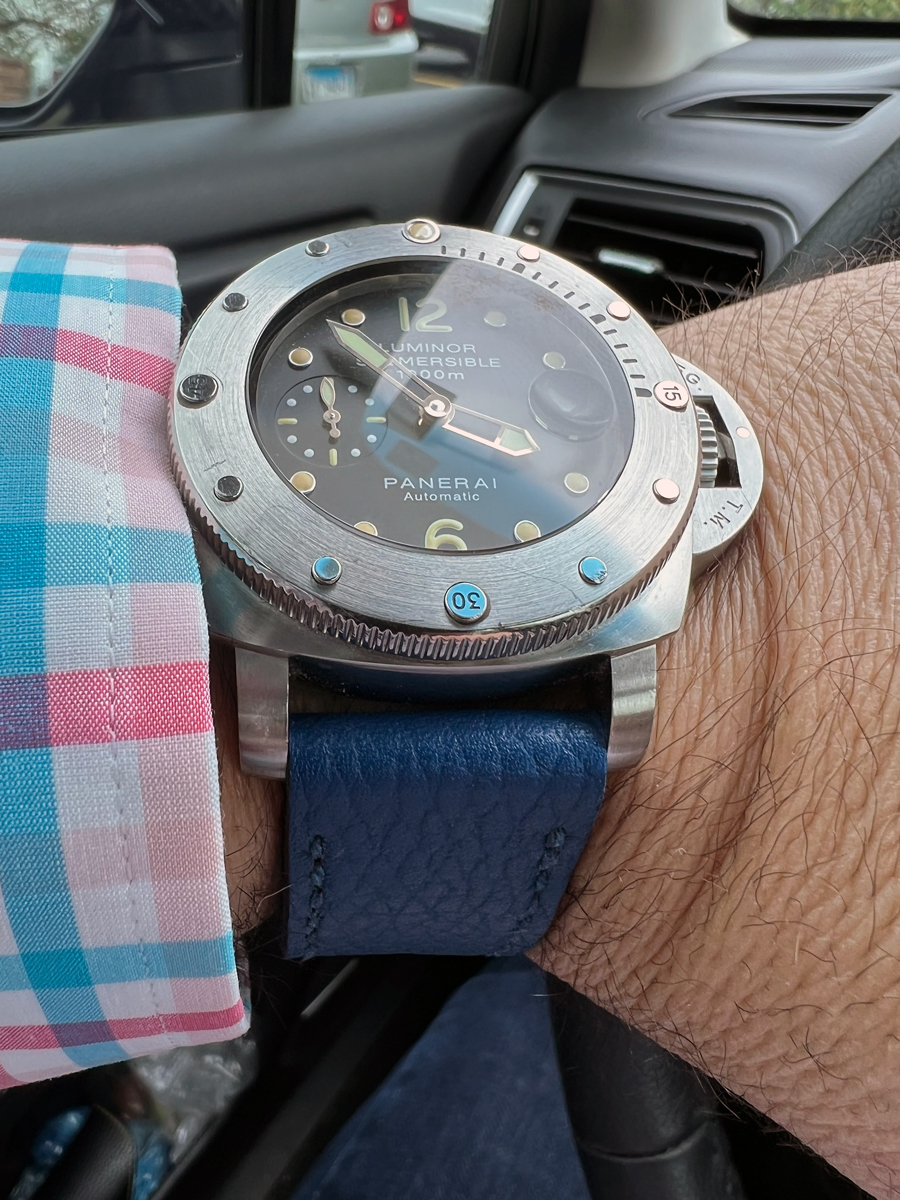 Panerai 243 on Ocean Blue leather with royal blue stitching. © Al Ehrhardt
