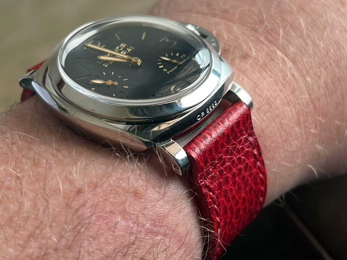 Panerai 423 on Diablo leather with red stitching. © Mike Wharton