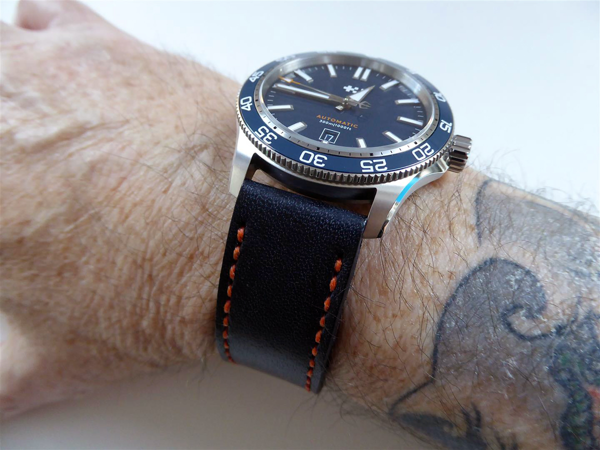 Christopher Ward C60 Trident Pro 300 on Typhoon leather with orange stitching. © Christopher Webster