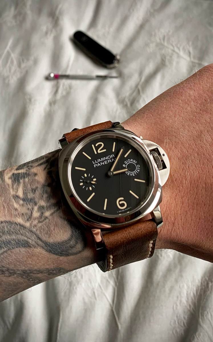 Panerai 590 on Horween Nut Brown leather with Natural stitching. © Jim King