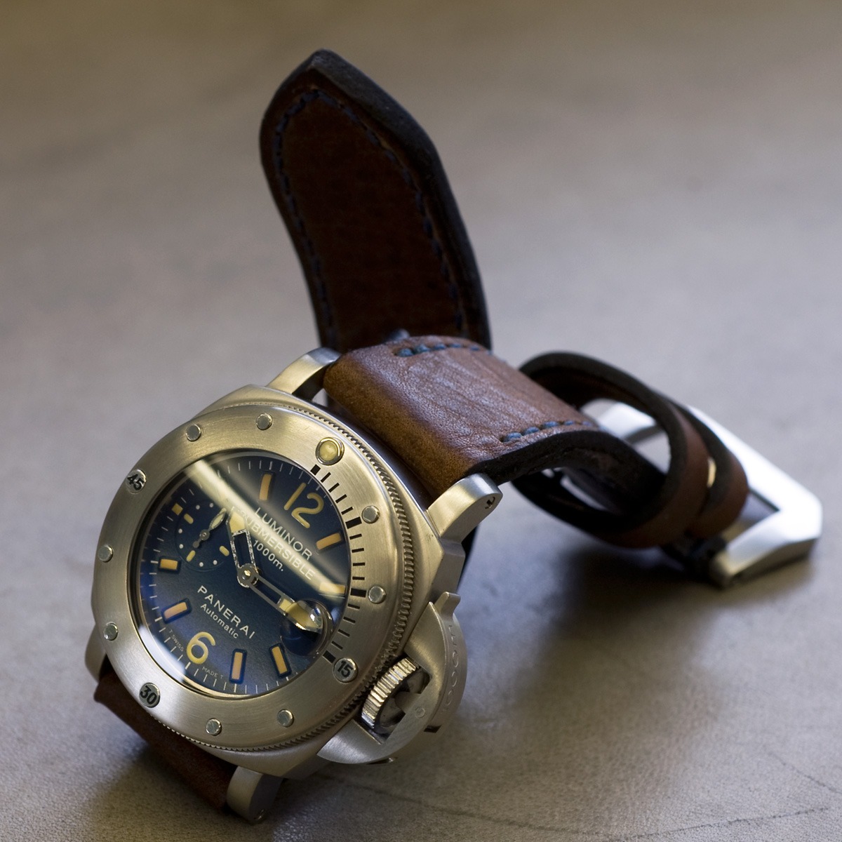 Panerai 87 on Horween Nut Brown leather with royal blue stitching. © Richard Beard