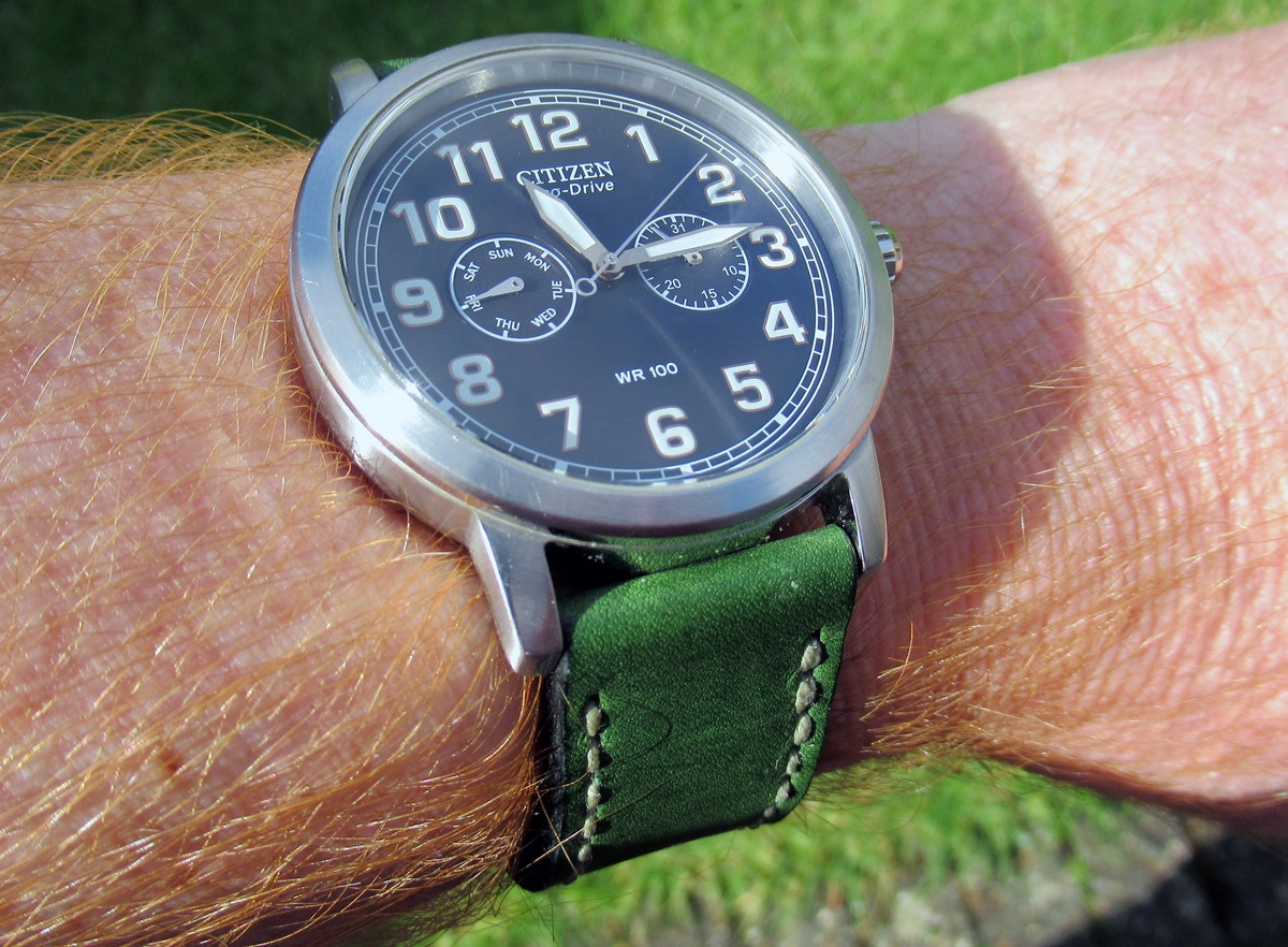 Citizen Eco Drive on Emerald leather with olive drab stitching. © Philip Westlake