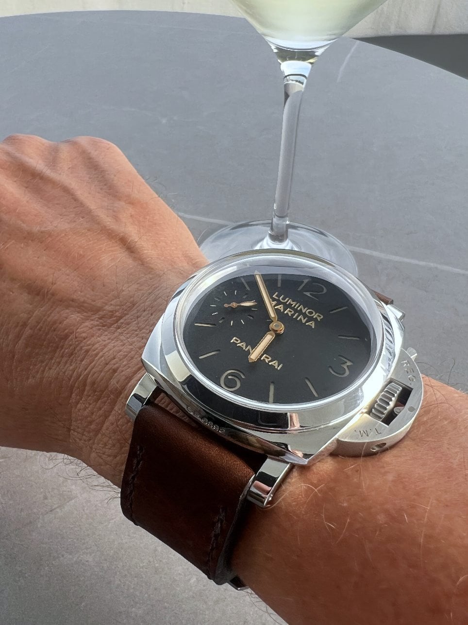 Panerai 422 on Horween Nut Brown leather with dark brown stitching. © Dean Kearns