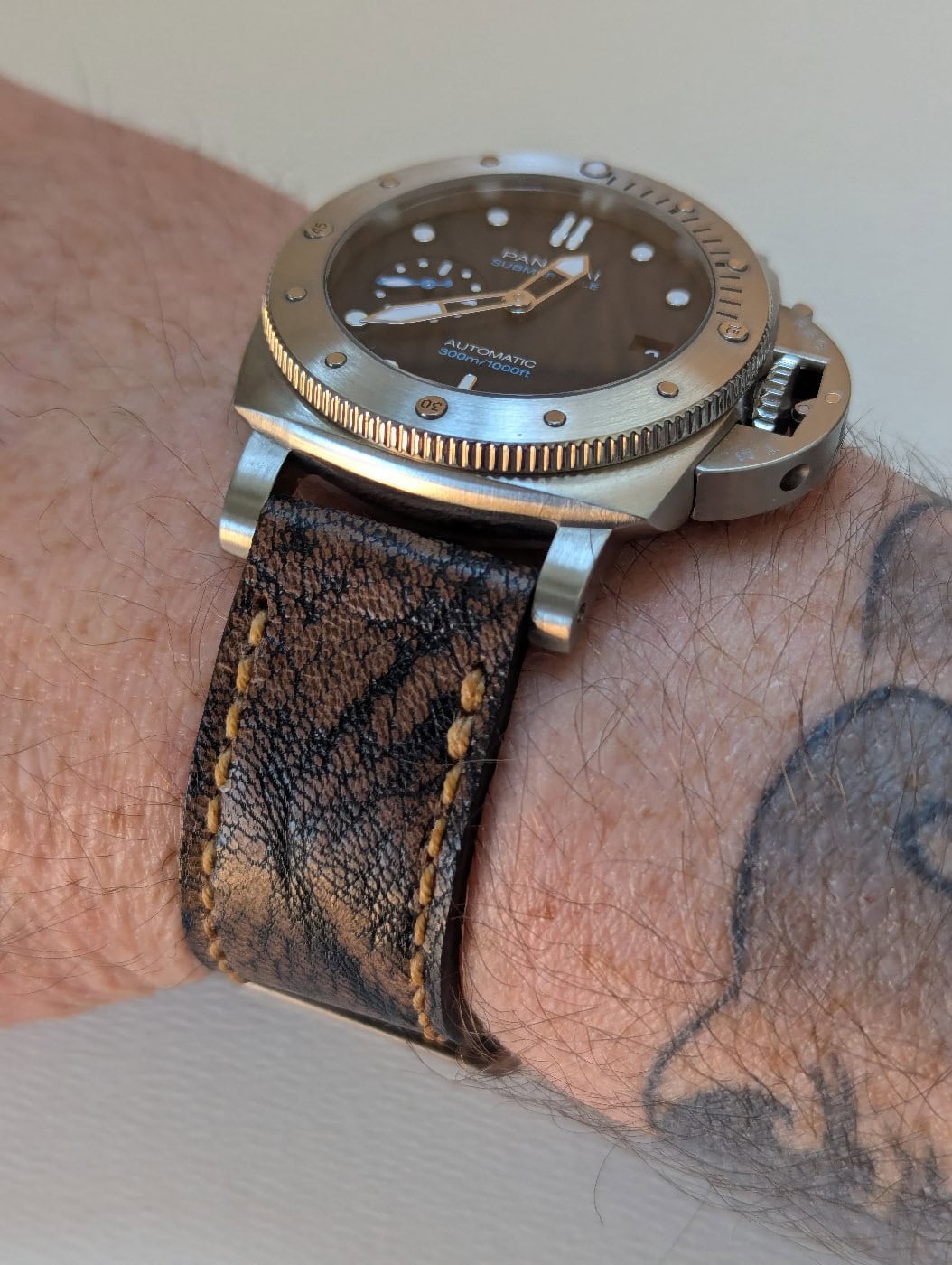 Panerai 973 on Heidrun leather with butterscotch stitching. © Chris Webster
