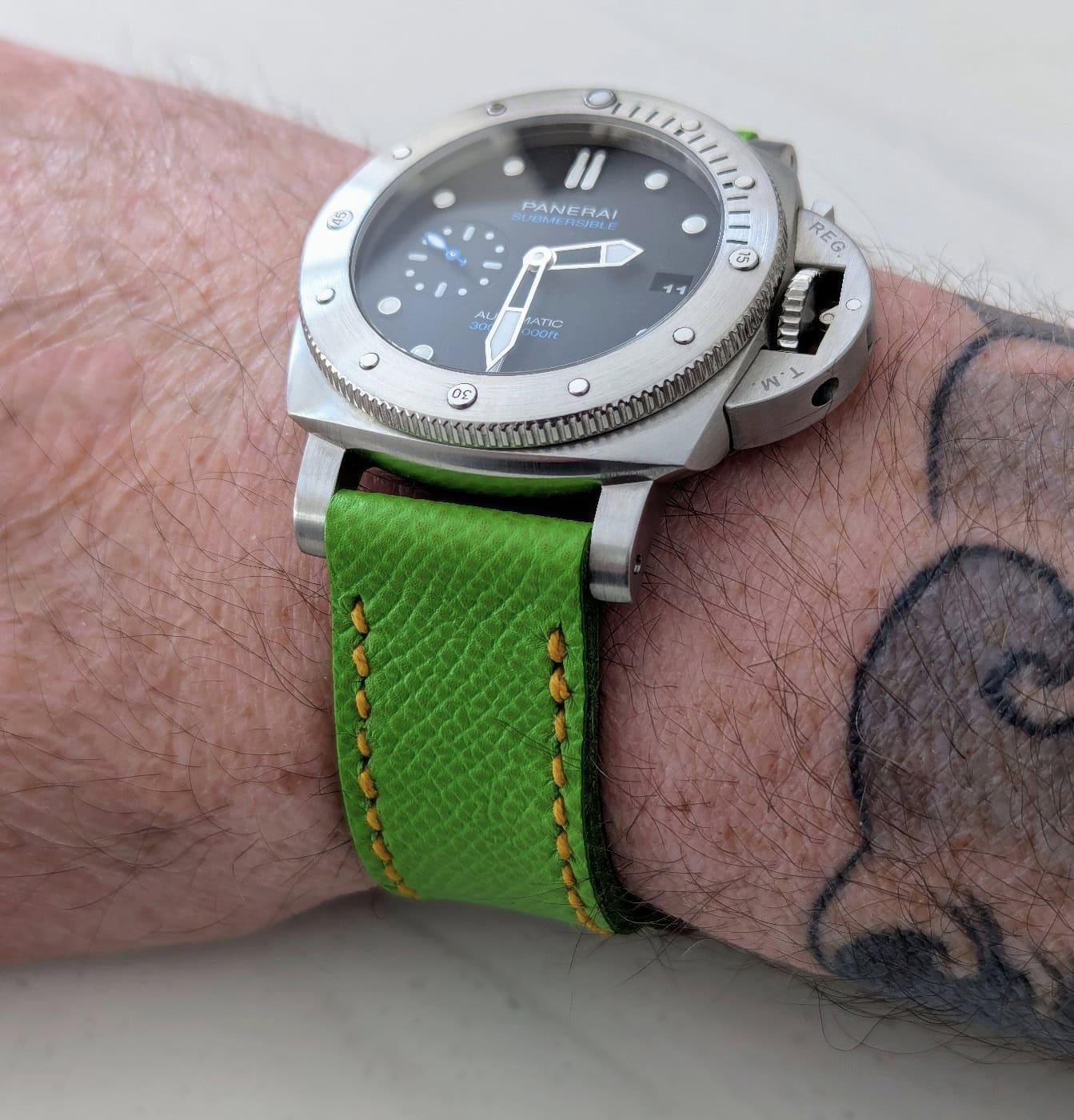 Panerai 973 on Kiwi leather with bright yellow stitching. © Chris Webster