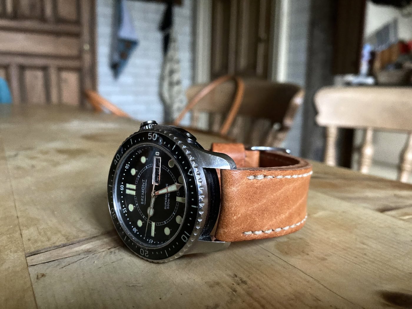 Bremont Supermarine on Vintage Stag leather with natural stitching. © Peter Colquitt