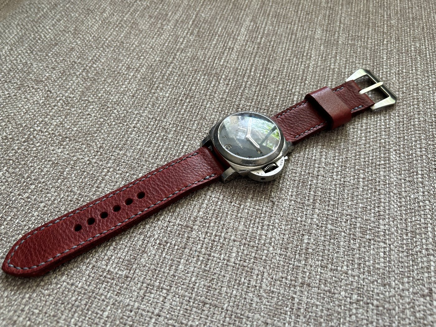 Panerai 359 on Crimson leather with denim stitching. © Krasimir Todorov