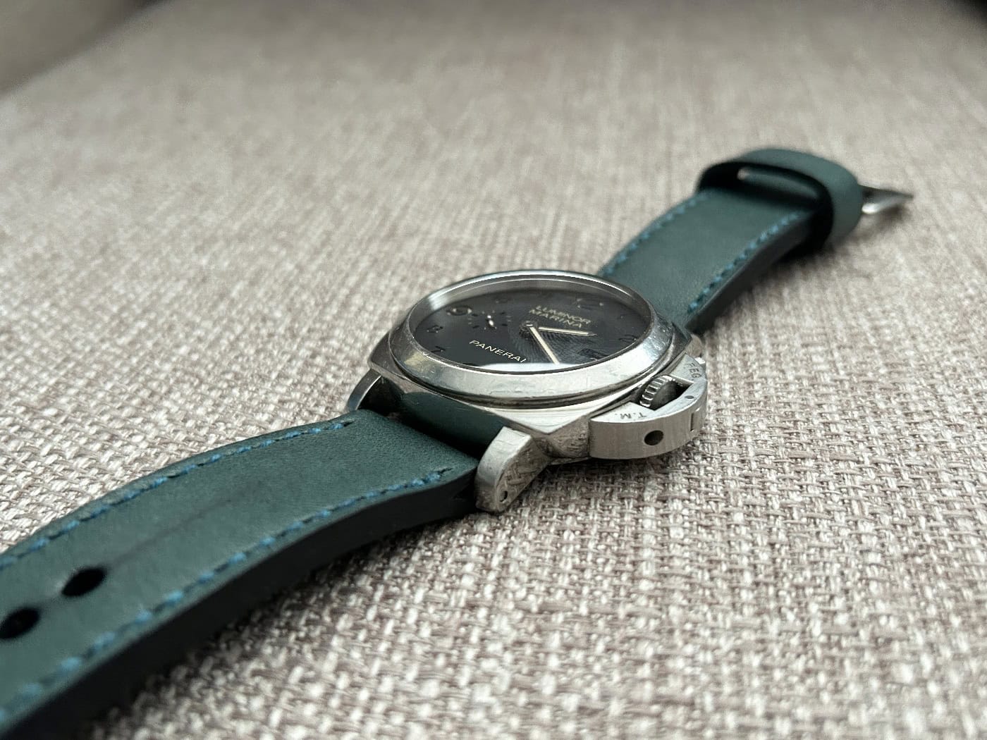 Panerai 359 on Aqua leather with teal stitching. © Krasimir Todorov