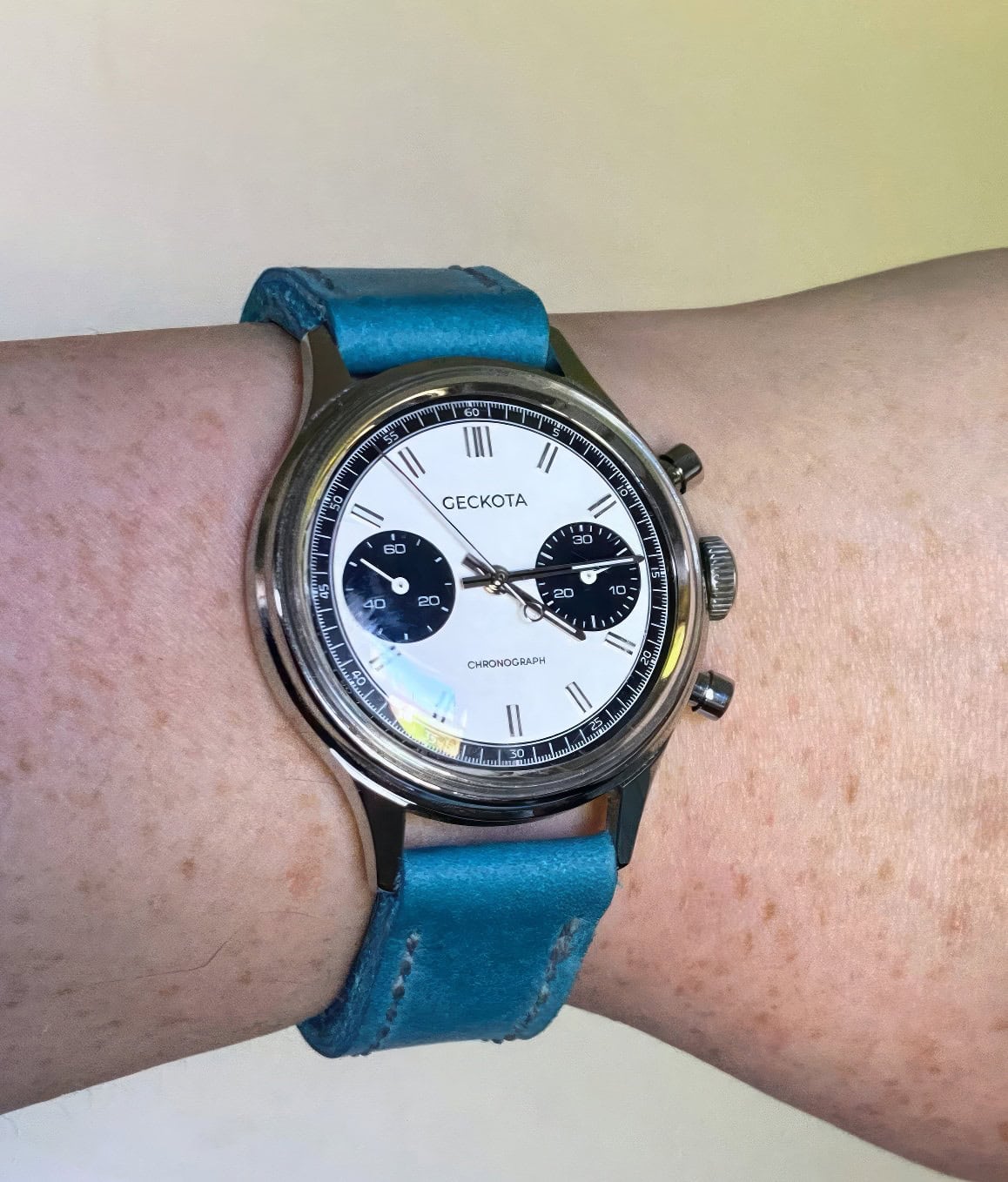 Geckota chronograph on Sky Blue leather with grey stitching. © Nick Brown