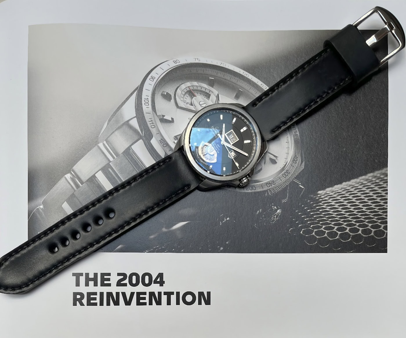 Tag Heuer Grand Carrera on Black shell cordovan leather with black stitching. © Simon Rahilly