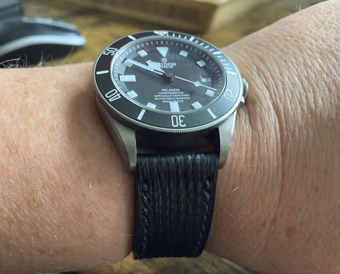 Tudor Pelagos on Vintage Black leather with black stitching. © Andrew Morgan