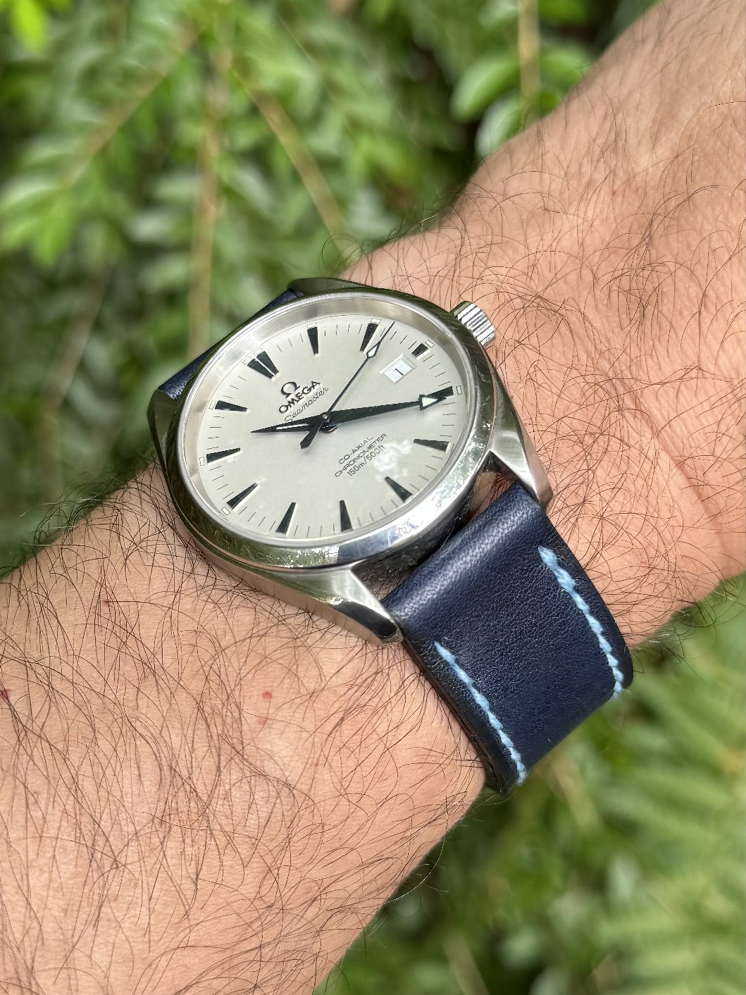 Omega Seamaster Aqua Terra on Poseidon leather with pale blue stitching. © Ashley Goldstein