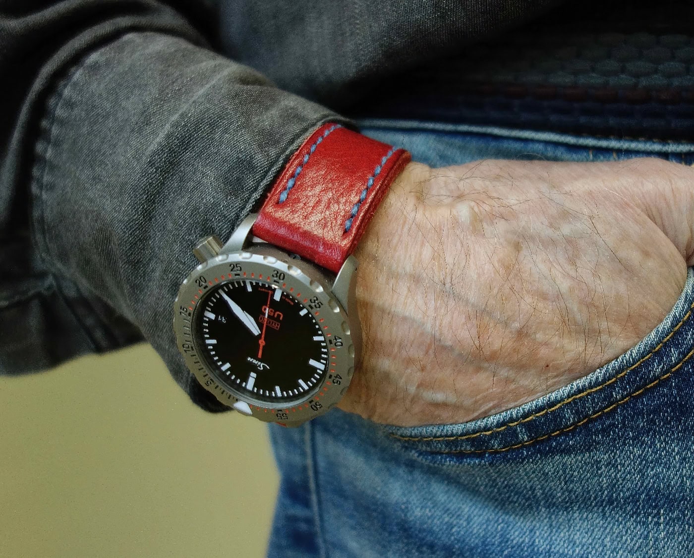 Sinn U50 Hydro on Scarlet leather with royal blue stitching. © Blair Swanson