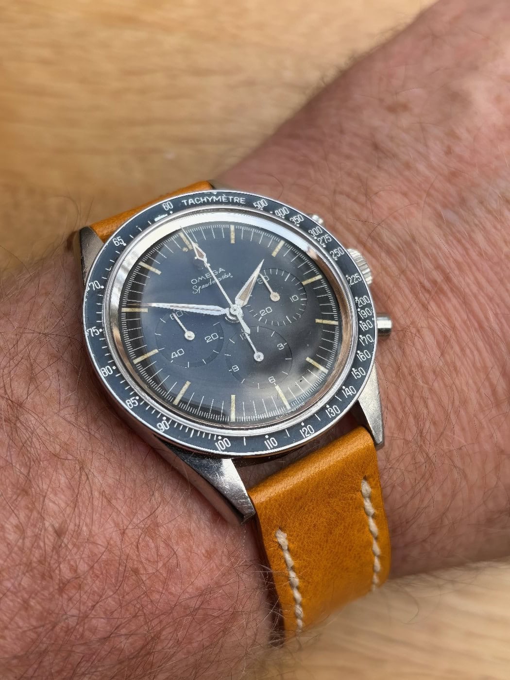 Omega Speedmaster on Crema leather with natural stitching. © Mark Holt