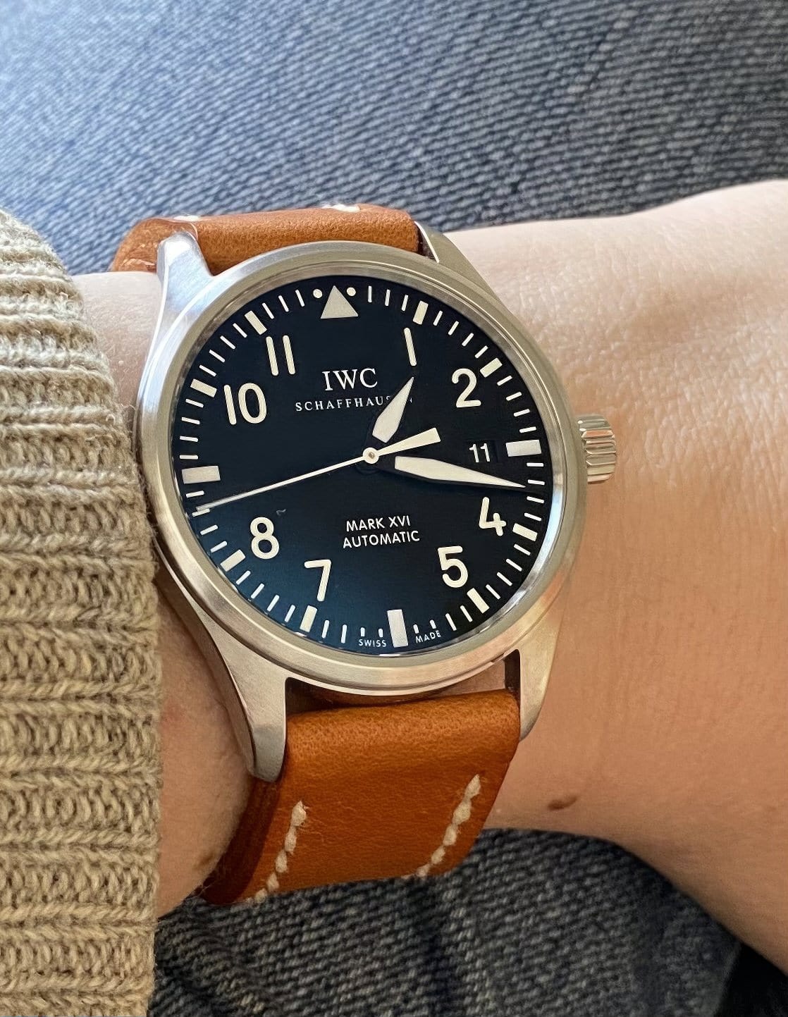 IWC Mk XVI on Tangerine Dream leather with natural stitching. © Lindsey Bone