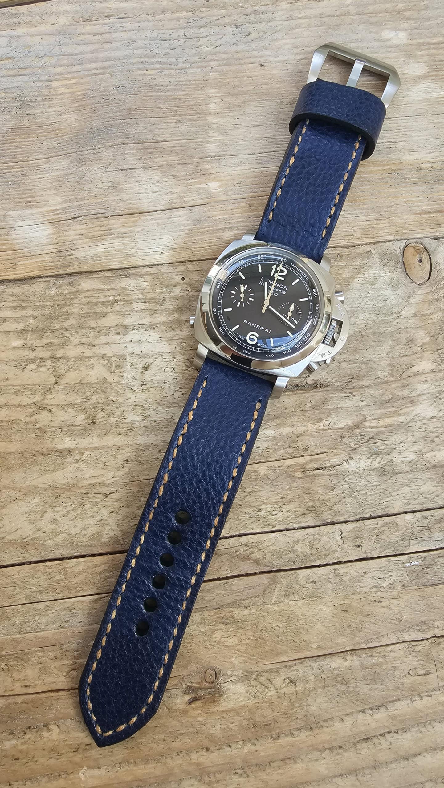 Panerai 213 on Indigo leather with butterscotch stitching. © Karl Podmore
