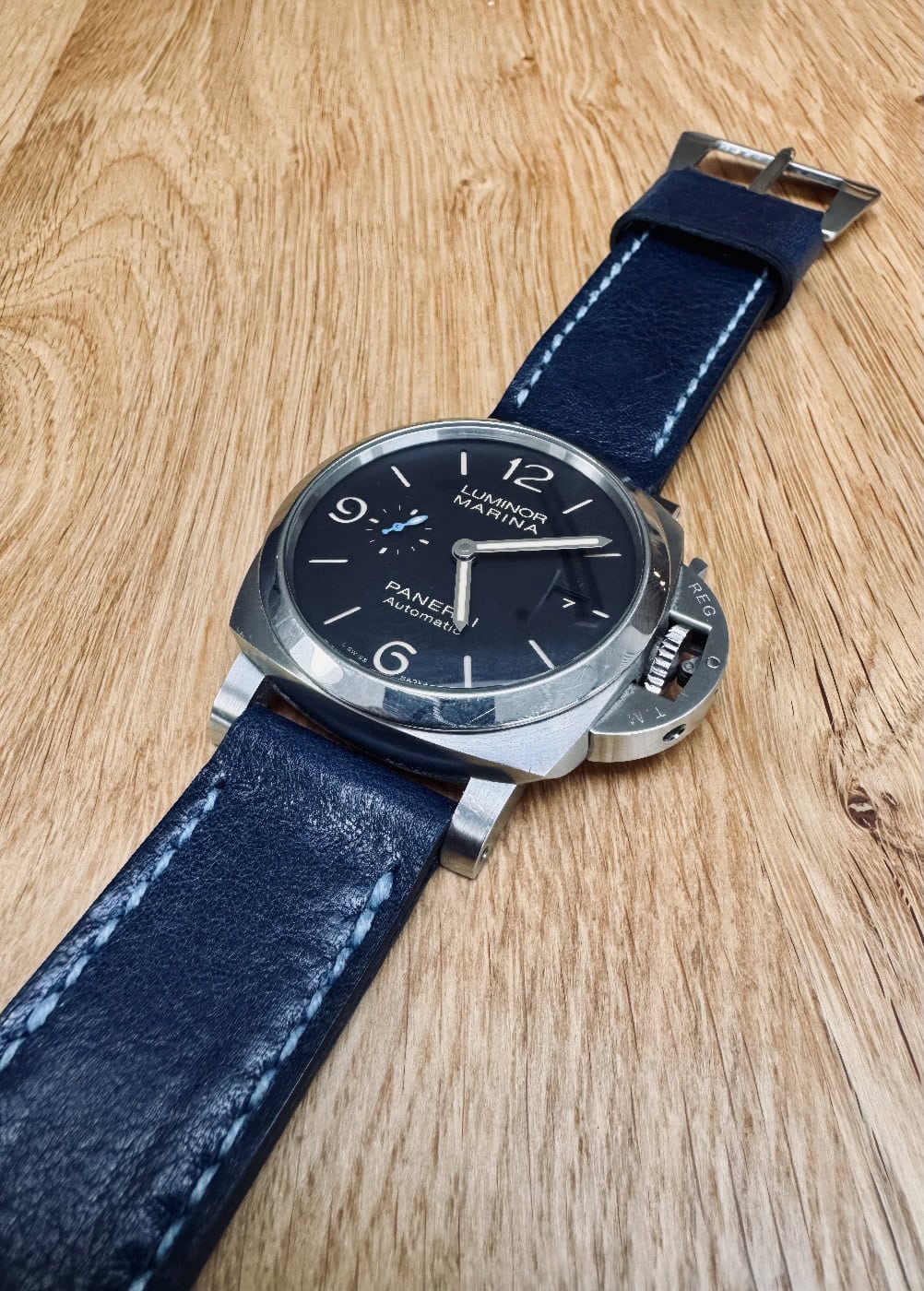 Panerai 1312 on Poseidon leather with pale blue stitching. © Stuart Mitchell
