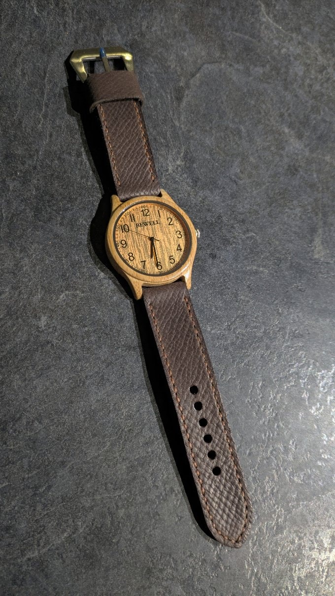 Bewell wood watch on Mushroom leather with light brown stitching. © Jackie Ball