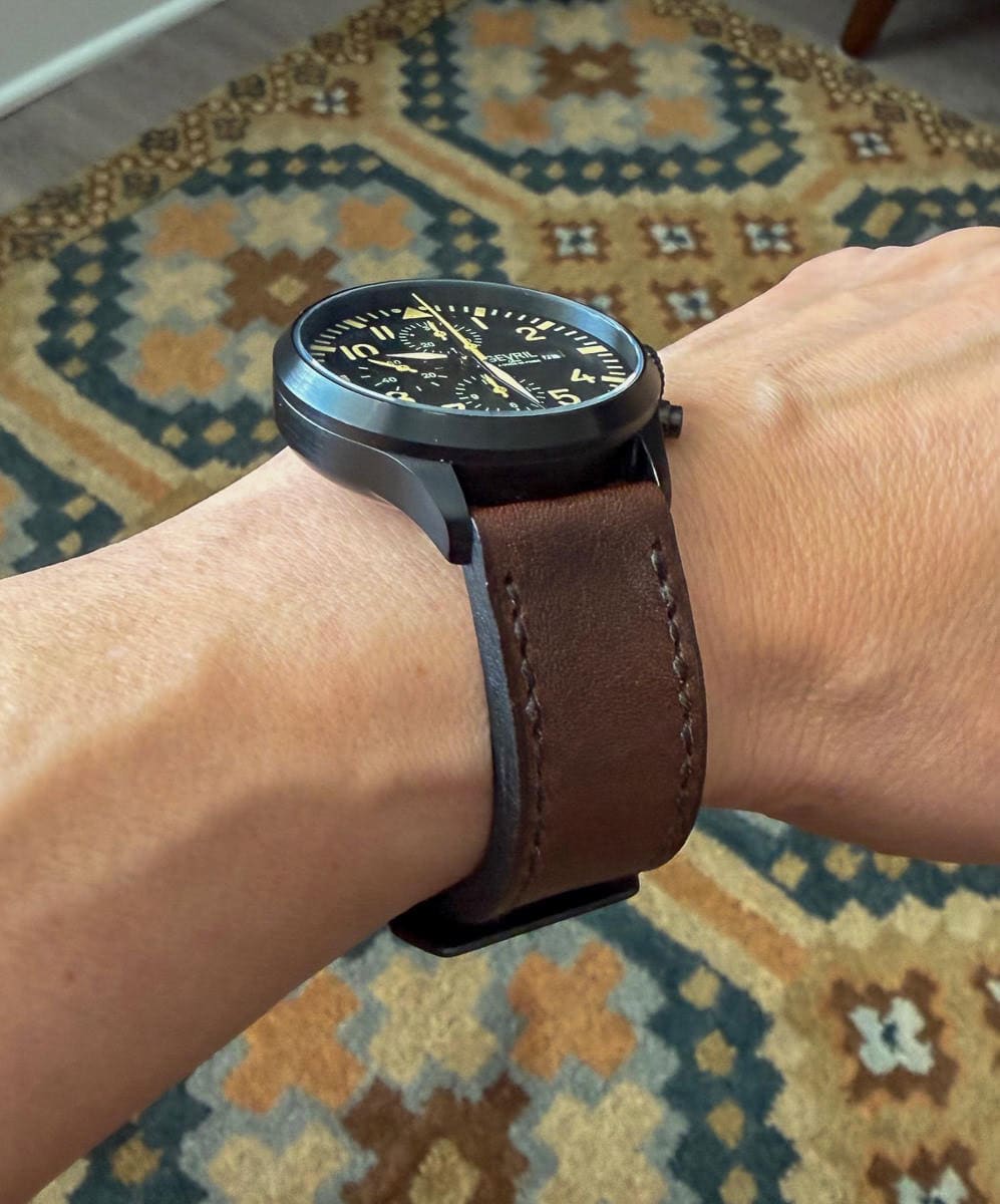 Gevril Vaughn Chronograph on Horween Nut Brown leather with dark brown stitching. © Enrique Alvarez