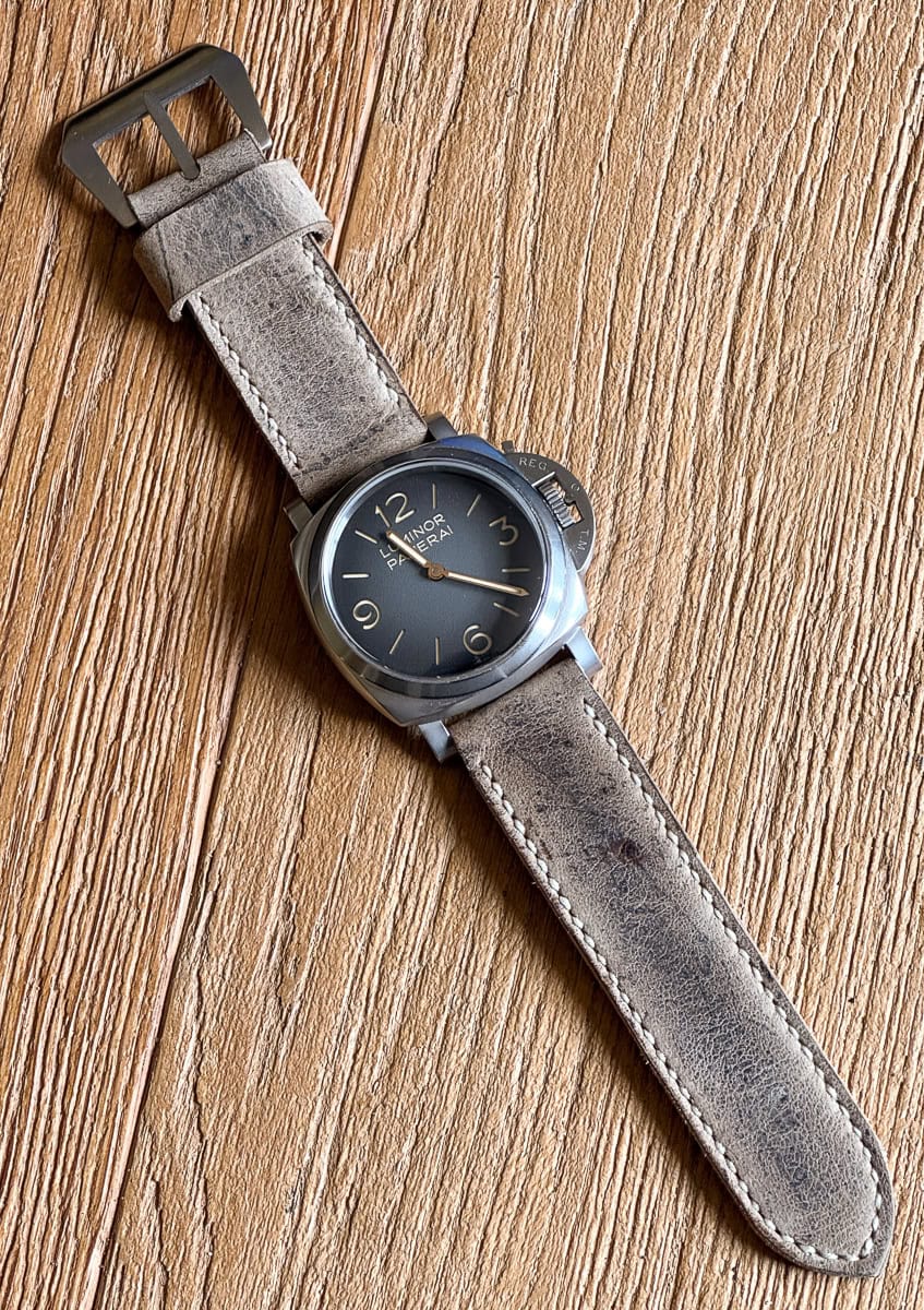 Panerai 1628 on African Kudu leather with natural stitching. © Steven Rumney