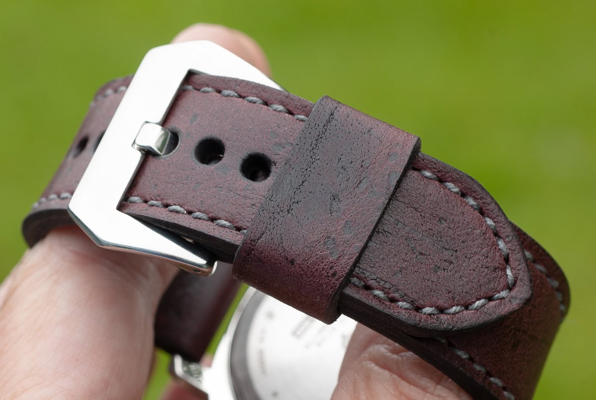 Merlot Kudu leather with grey stitching. © Richard Beard